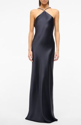 STAUD Cadence Beaded Sleeveless Satin Maxi Dress in Navy