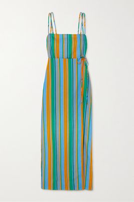 STAUD - Celestine Wrap-effect Striped Linen Maxi Dress - Green