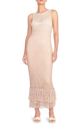 STAUD Constanza Fringe Mesh Stitch Sweater Dress in Beige Multi