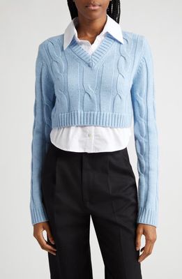 STAUD Duke Crop Mixed Media Cable Knit Sweater in French Blue/White