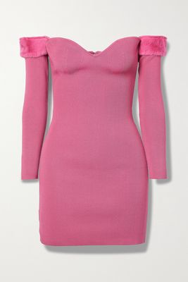 STAUD - Josee Off-the-shoulder Faux Fur-trimmed Stretch-knit Mini Dress - Pink