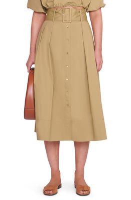 STAUD Kingsley A-Line Belted Cotton Skirt in Khaki