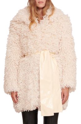 STAUD Lydie Belted Faux Fur Coat in Ivory