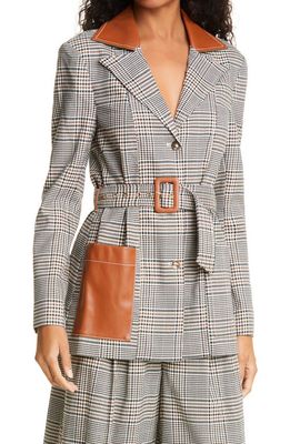STAUD Paprika Glen Plaid Belted Jacket with Faux Leather Trim