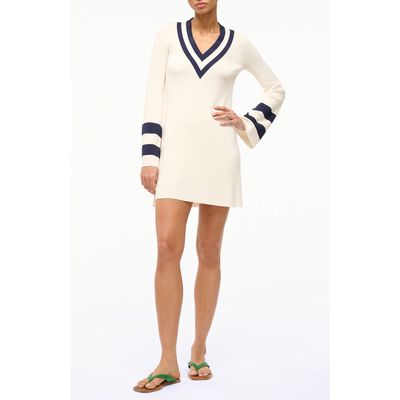 STAUD Sunshine Contrast Detail Long Sleeve Minidress in Ivory/Navy