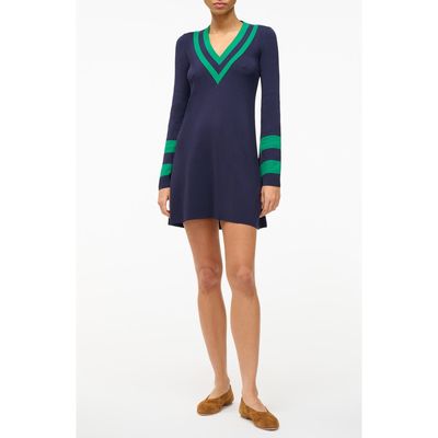 STAUD Sunshine Contrast Detail Long Sleeve Minidress in Navy/Seaweed