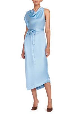 STAUD Troupe Satin Asymmetric Midi Dress in French Blue
