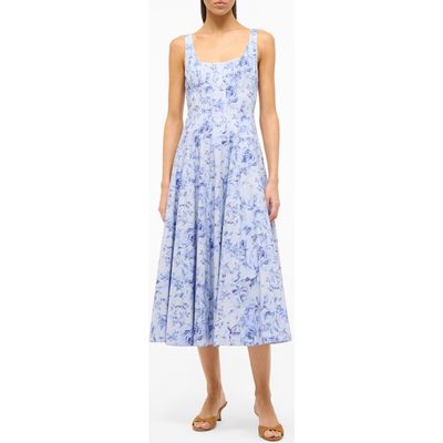 STAUD Wells Floral Print Stretch Cotton Midi Dress in Periwinkle Sketchbook Floral at Nordstrom, Size 0