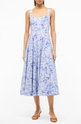 STAUD Wells Floral Print Stretch Cotton Midi Dress in Periwinkle Sketchbook Floral