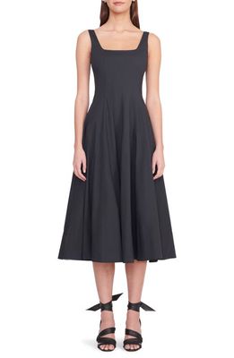 STAUD Wells Stretch Cotton Poplin Midi Fit & Flare Dress in Black