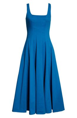 STAUD Wells Stretch Cotton Poplin Midi Fit & Flare Dress in Island Blue