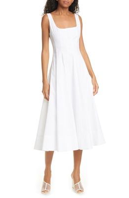 STAUD Wells Stretch Cotton Poplin Midi Fit & Flare Dress in White