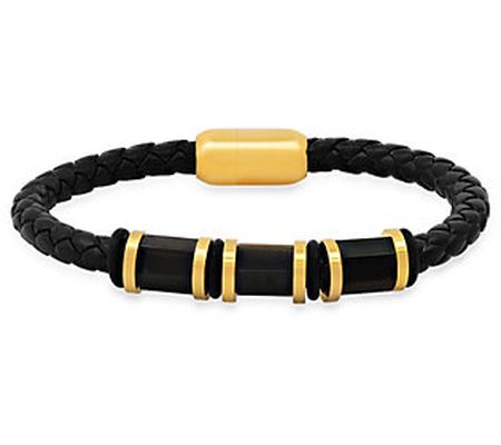 Steel by Design Men's Black Leather & 18k Gold Plated Bracelet