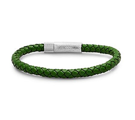 Steel by Design Men's Stainless Steel Green Lea ther Bracelet