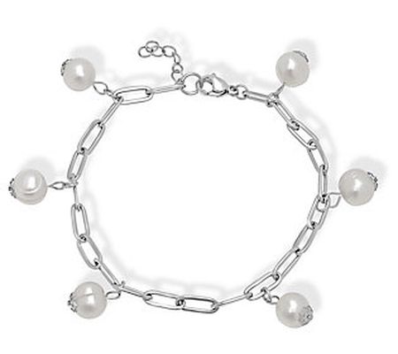 Steel by Design Paperclip Link Cultured Pearl C harm Bracelet