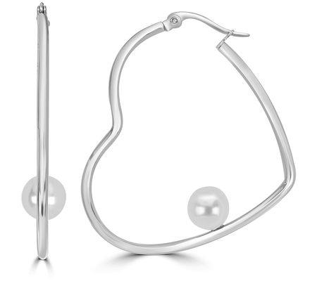 Steel By Design Simulated Pearl Heart Hoop Earrings