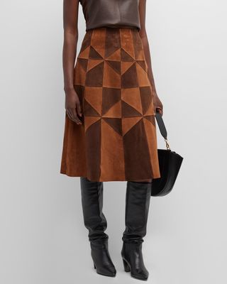 Steff Geometric Two-Tone Leather Midi Skirt