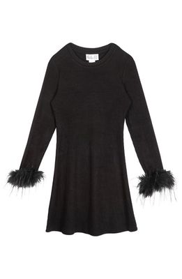 Stella 88 Kids' Faux Feather Trim Long Sleeve Rib Sweater Dress in Black