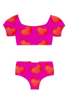 Stella Cove Kids' I Love You Puff Sleeve Two-Piece Swimsuit in Pink
