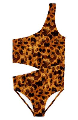 Stella Cove Kids' Leopard Print One-Shoulder One-Piece Swimsuit in Brown