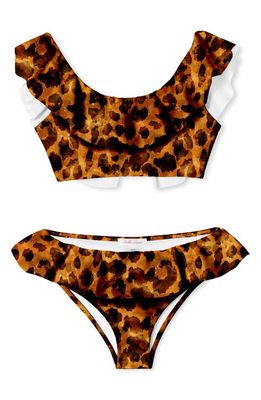 Stella Cove Kids' Leopard Print Ruffle Two-Piece Swimsuit in Brown