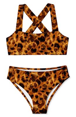 Stella Cove Kids' Leopard Print Two-Piece Swimsuit in Brown