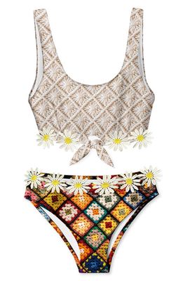 Stella Cove Kids' Macramé & Crochet Print Two-Piece Swimsuit in Brown