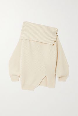Stella McCartney - Asymmetric Embellished Ribbed Cashmere And Wool-blend Sweater - Cream