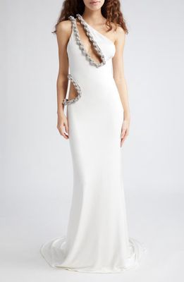 Stella McCartney Crystal Rope Cutout One-Shoulder Jersey Gown in Off White