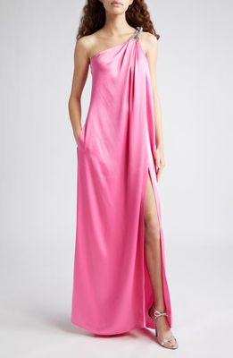 Stella McCartney Falabella Crystal Chain Strap One-Shoulder Satin Gown in 5560 - Bright Pink