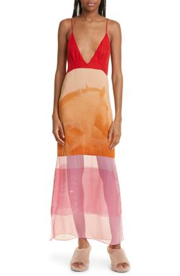 Stella McCartney Horse Print Colorblock Plunge Neck Sequin Stretch Silk Maxi Dress in 2574 Ginger