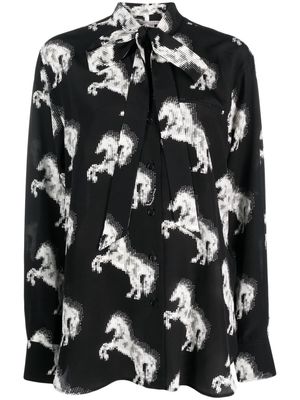 Stella McCartney horse-print pussy-bow collar silk blouse - Black