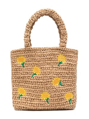Stella McCartney Kids floral-embroidered raffia tote bag - Neutrals