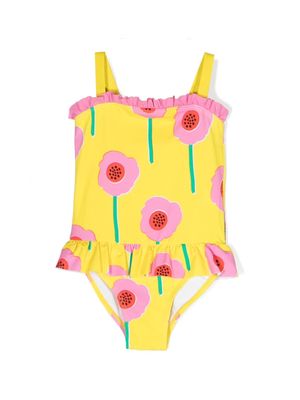 Stella McCartney Kids floral-print frill-neckline swimsuit - Yellow