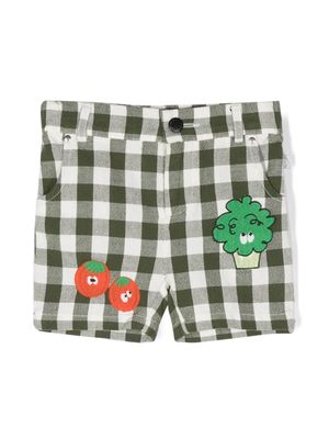 Stella McCartney Kids Veggie-embroidered checked shorts - Green