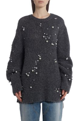 Stella McCartney Oversize Imitation Pearl Embellished Alpaca Blend Sweater in 1262 Grey Melange