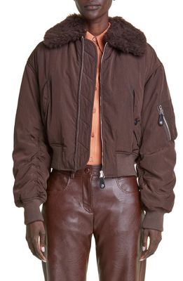 Stella McCartney Recycled Nylon Bomber Jacket with Faux Fur Collar in 2011 Dark Chocolate