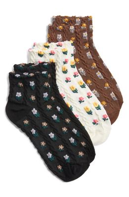 Stems Assorted 3-Pack Flower Ankle Socks in Black/White/Brown Assorted 