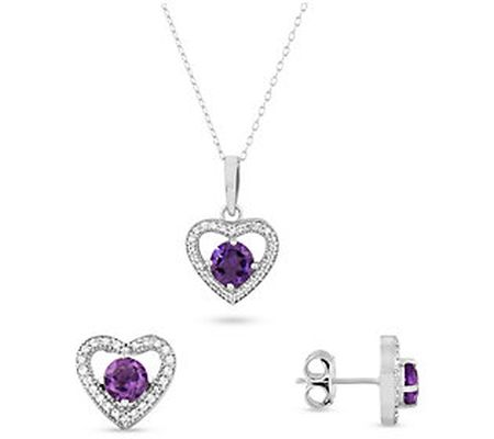 Sterling Amethyst & White Topaz Necklace Ea rri ngs Set