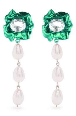 Sterling King Lola Floral Freshwater Pearl Drop Earrings in Emerald