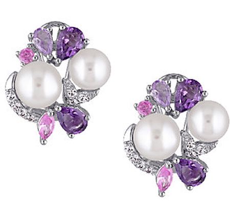Sterling Multi-Gemstone & Cultured Pearl Cluste r Earrings