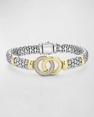 Sterling Silver 18K Signature Caviar Bracelet with Diamonds, 9mm