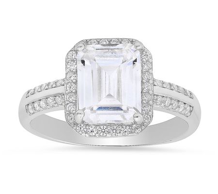 Sterling Silver 2.85 cttw Emerald-Cut Halo Ring
