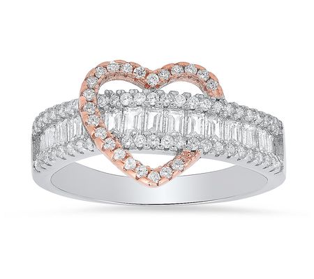 Sterling Silver & Rosetone Baguette Heart Ring