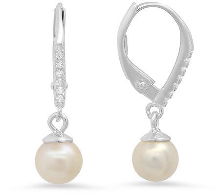 Sterling Silver Cultured Pearl Pave Leverback E arrings