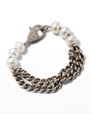 Sterling Silver Double Curb Chain Bracelet with Pave Diamond Clasp