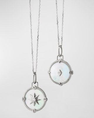 Sterling Silver Mini Adventure Compass Charm Necklace with Mother-of-Pearl and White Sapphire, 18"L