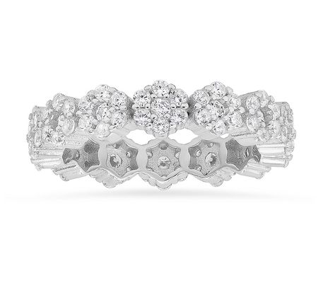 Sterling Silver Pave Flower Eternity Band Ring