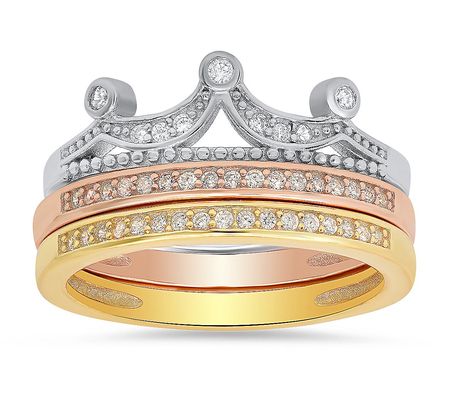 Sterling Silver Tri-Color Crown Stackable Ring Set