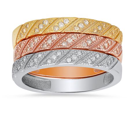Sterling Silver Tri-Color Textured Pave Stackab le Ring Set
